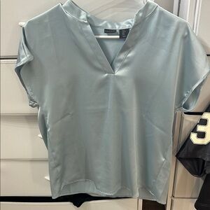 Tahari Soft Light Blue Satin V-Neck Blouse